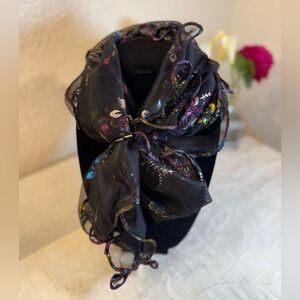 Black Iridescent Floral Mesh Scarf - Ruffled Lettuce Edge SheerShimmer 66x17